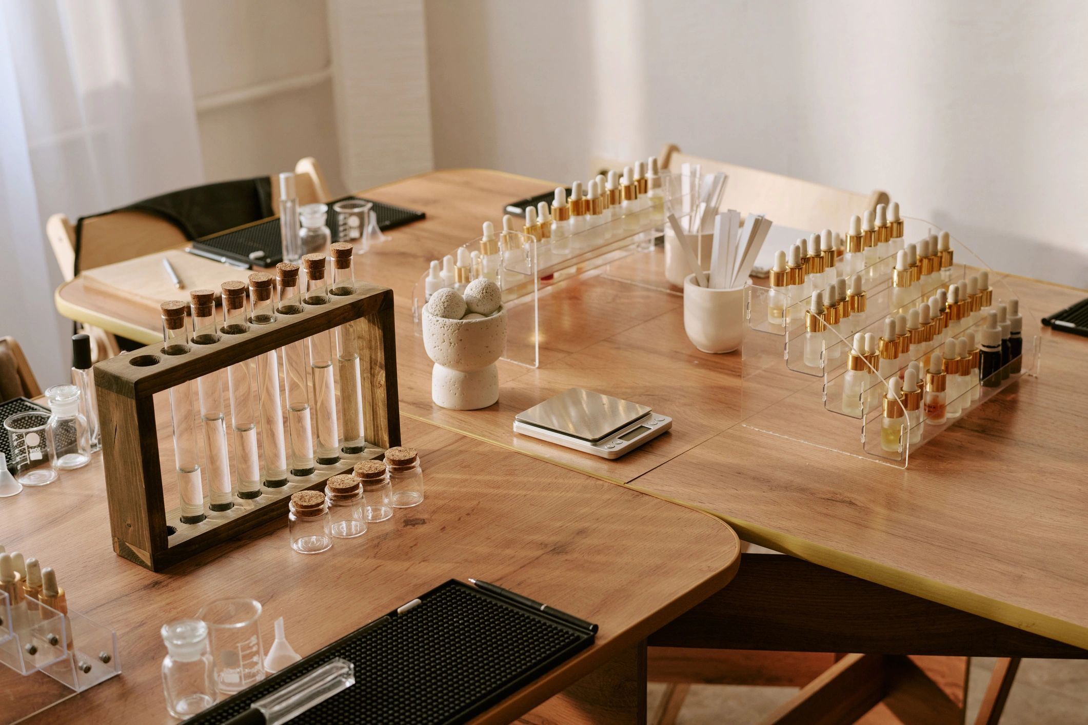 Beauty product development bottles and skincare essentials
