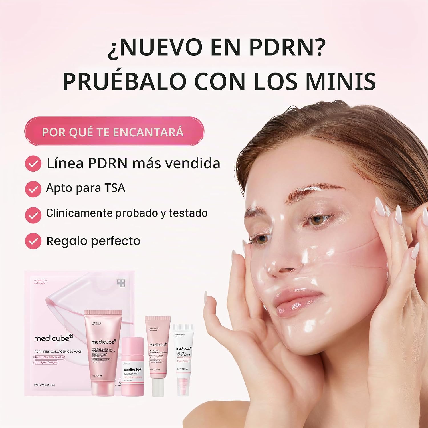 Woman with glossy skincare look beside Medicube PDRN Glow Essentials products